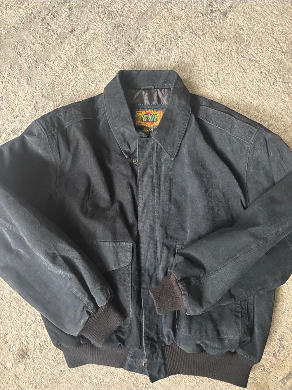 VINTAGE G-III Men's Black leather Bomber Jacket with Ribbed Trim